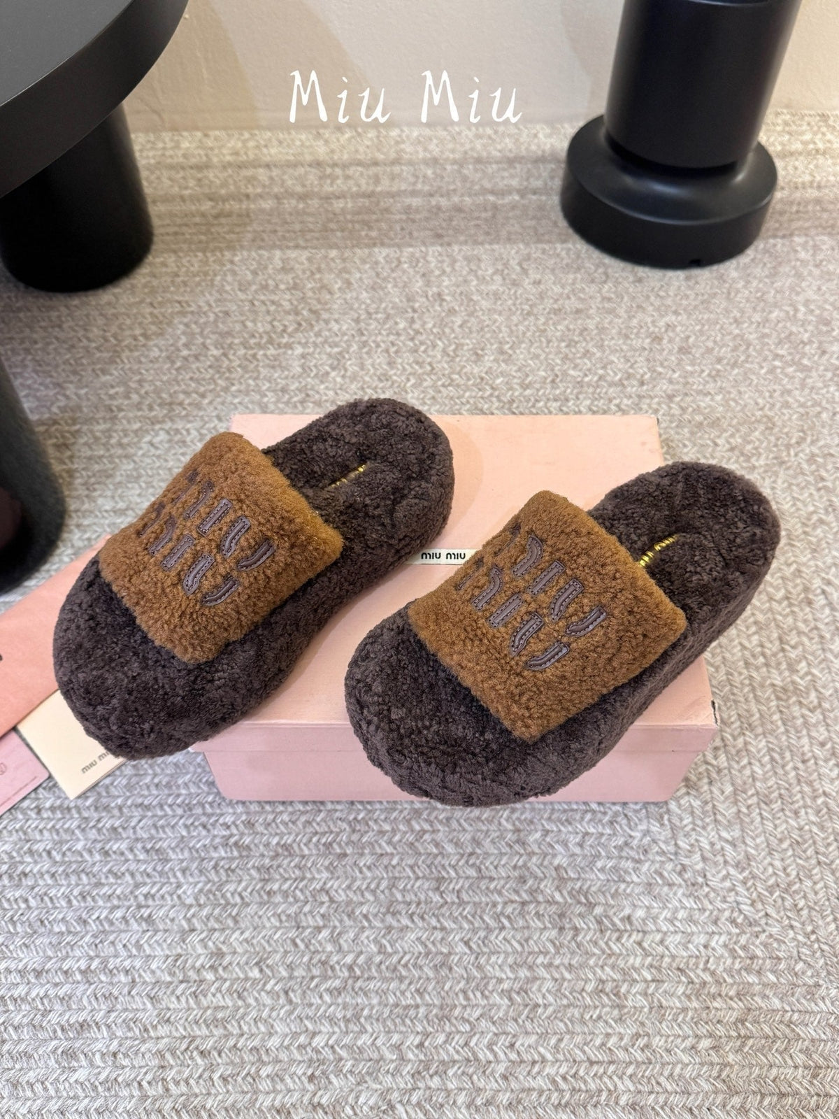 Miumiu 26s Platform Slides Dark Brown Shearling