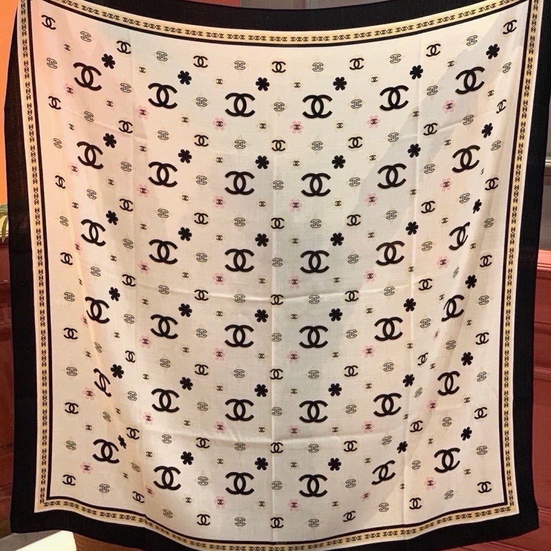 Chanel 2026 Floral Motifs Scarf 140cm Black White Silk 213754