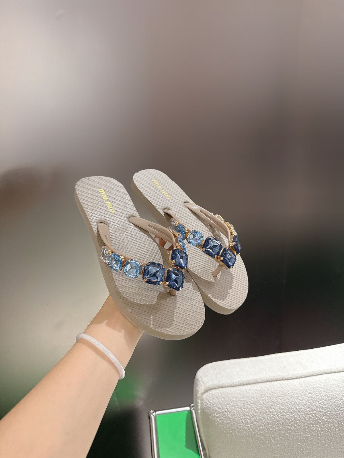 Miumiu 26s Thong Sandals Beige Eva Crystal-embellished