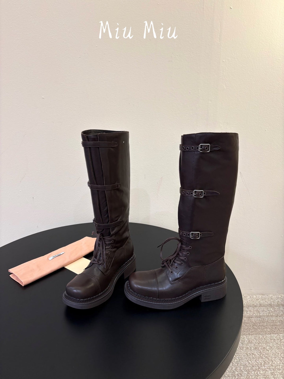 Miumiu 26s Lace-up Knee-high Boots Dark Brown Calfskin
