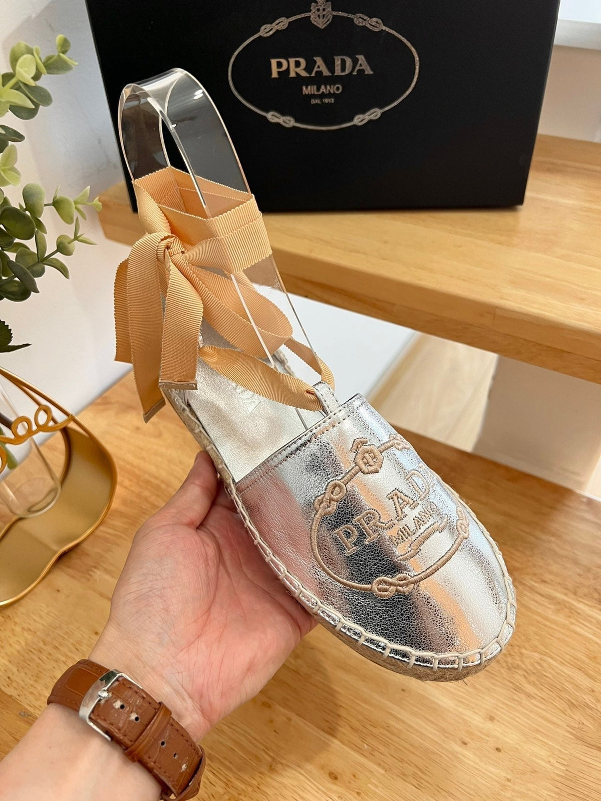 Prada 26s Lace Up Espadrille Flats Silver Calfskin