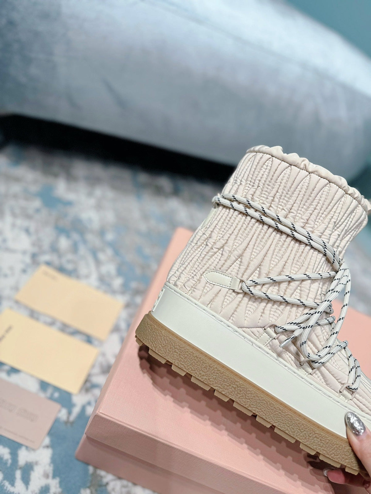 Miumiu 26s Ankle Snow Boots Beige Fabric