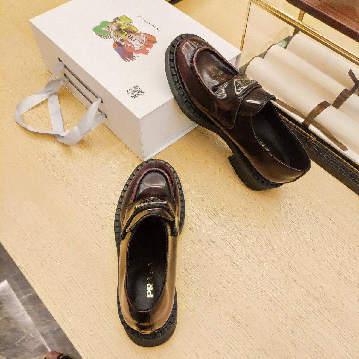 Prada 26S Penny Loafers 55mm Burgundy Red Patent Calfskin