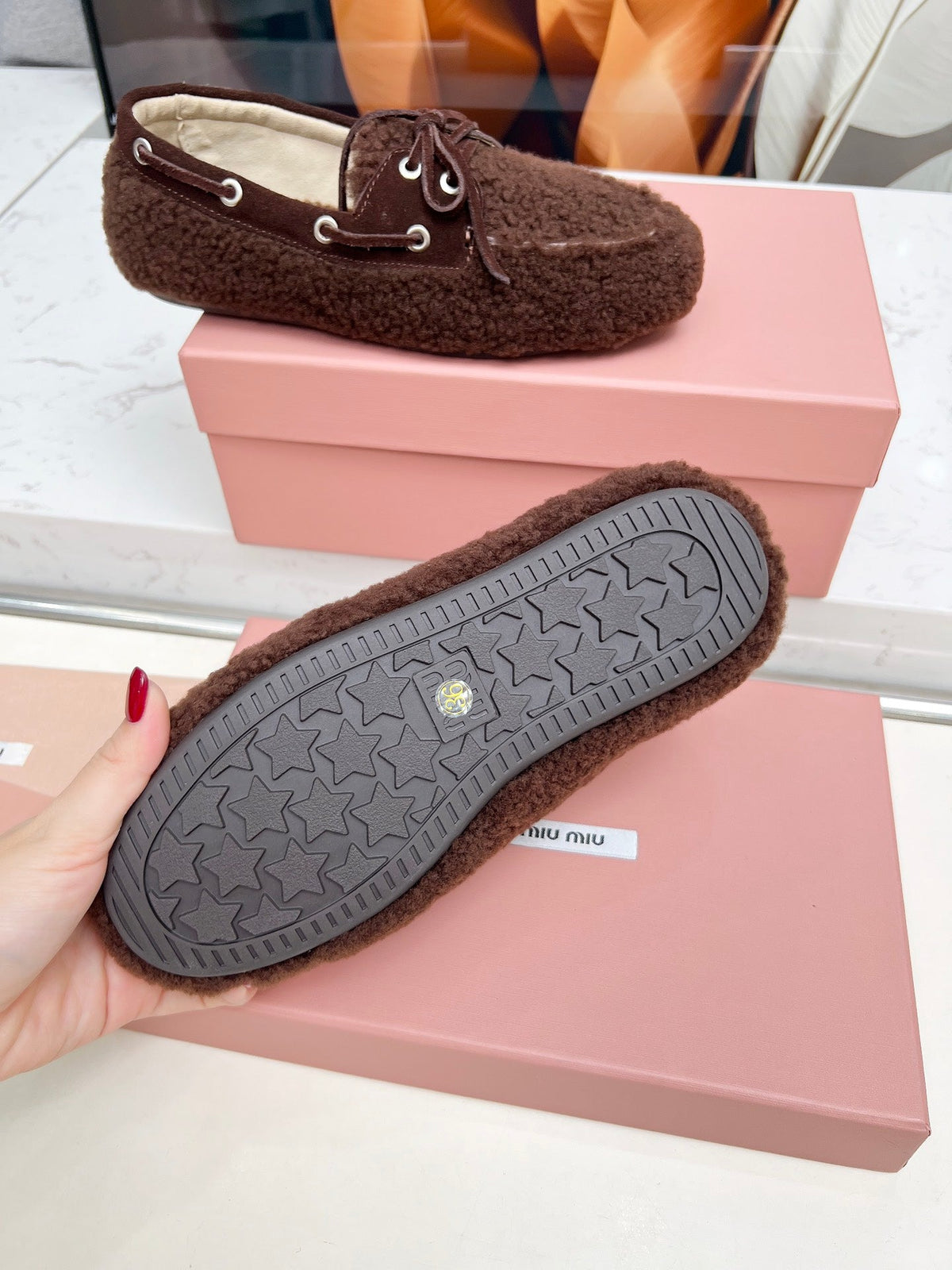 Miumiu 26s Boat Loafers Dark Brown Shearling