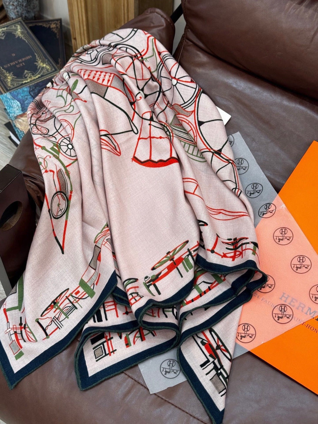 Hermès 2026 Complication Equestre Scarf 140cm Kaki Silk and Cashmere 218147