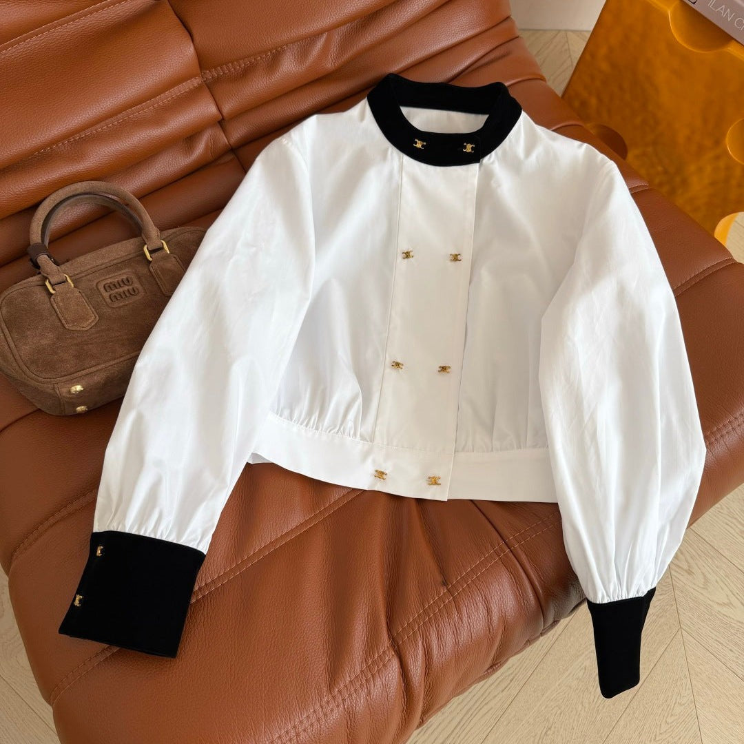 CC 26FW Triomphe Double-Breasted Velvet-Trim Shirt White 438607