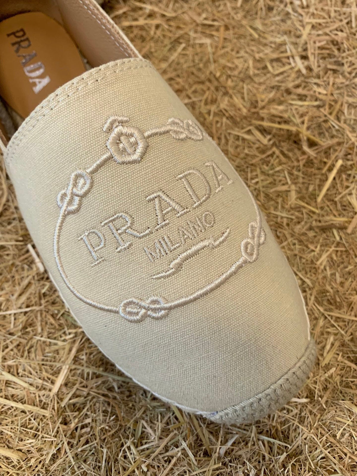 Prada 26s Espadrille Flats Light Beige Canvas Embroidered Logo