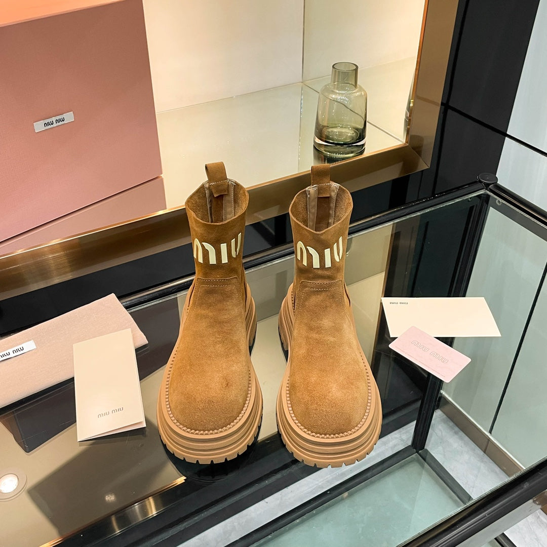Miumiu 26s Logo Chunky Ankle Boots Camel Brown Suede