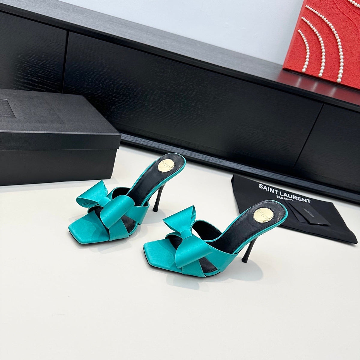 YSL 26S Heeled Sandals 105 Mm In Tiffany Blue Satin