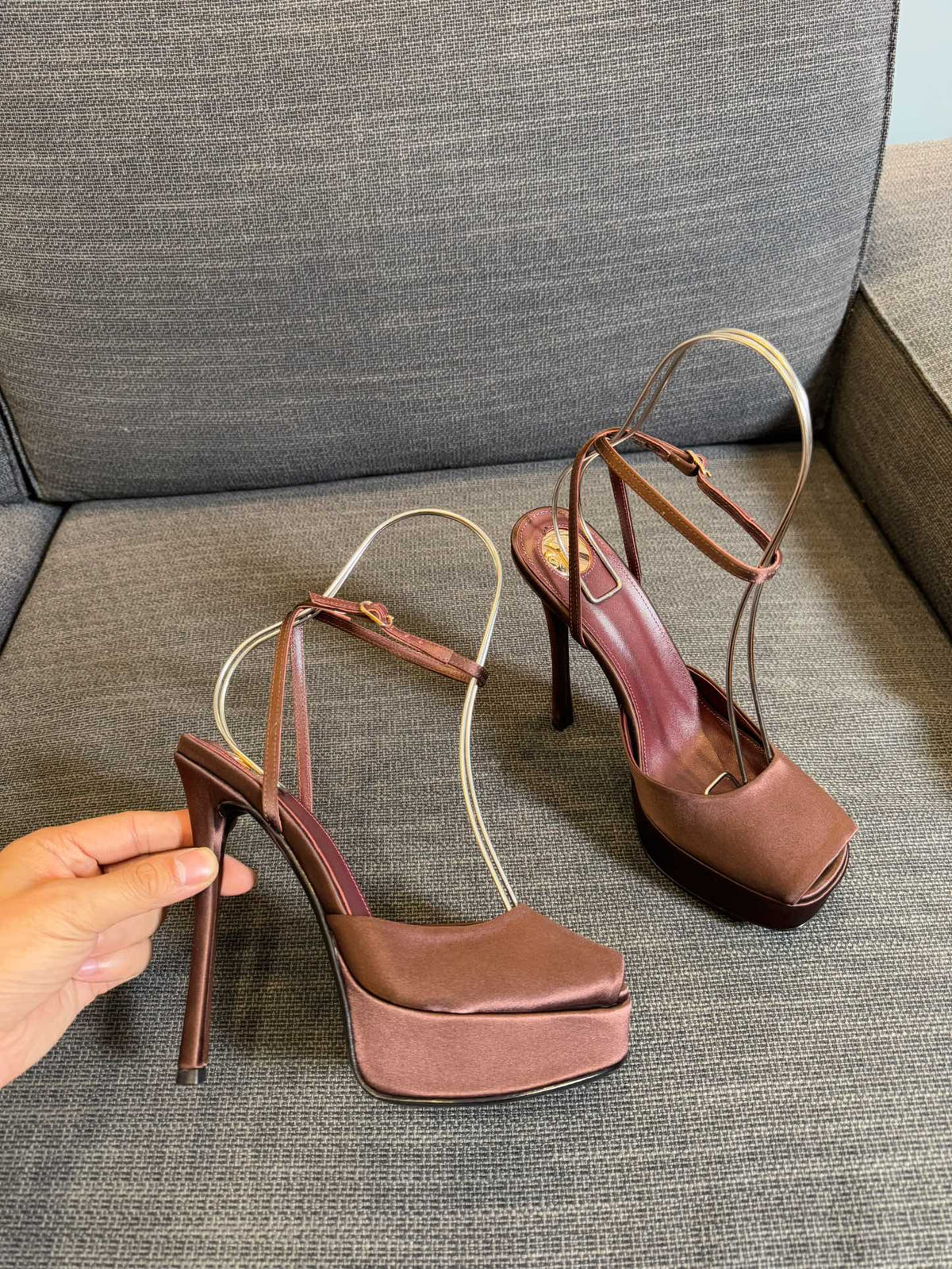 YSL 26S Platform Sandals 150 Mm Brown Satin