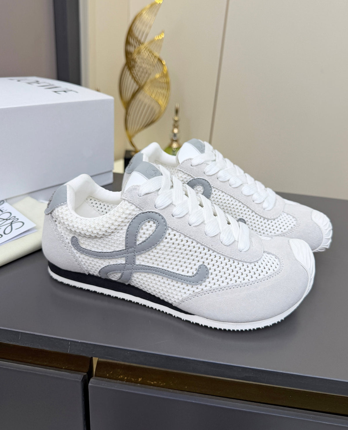 Loewe 26S Runner 2.0 Sneakers in Light Grey Suede and White Mesh Fabric