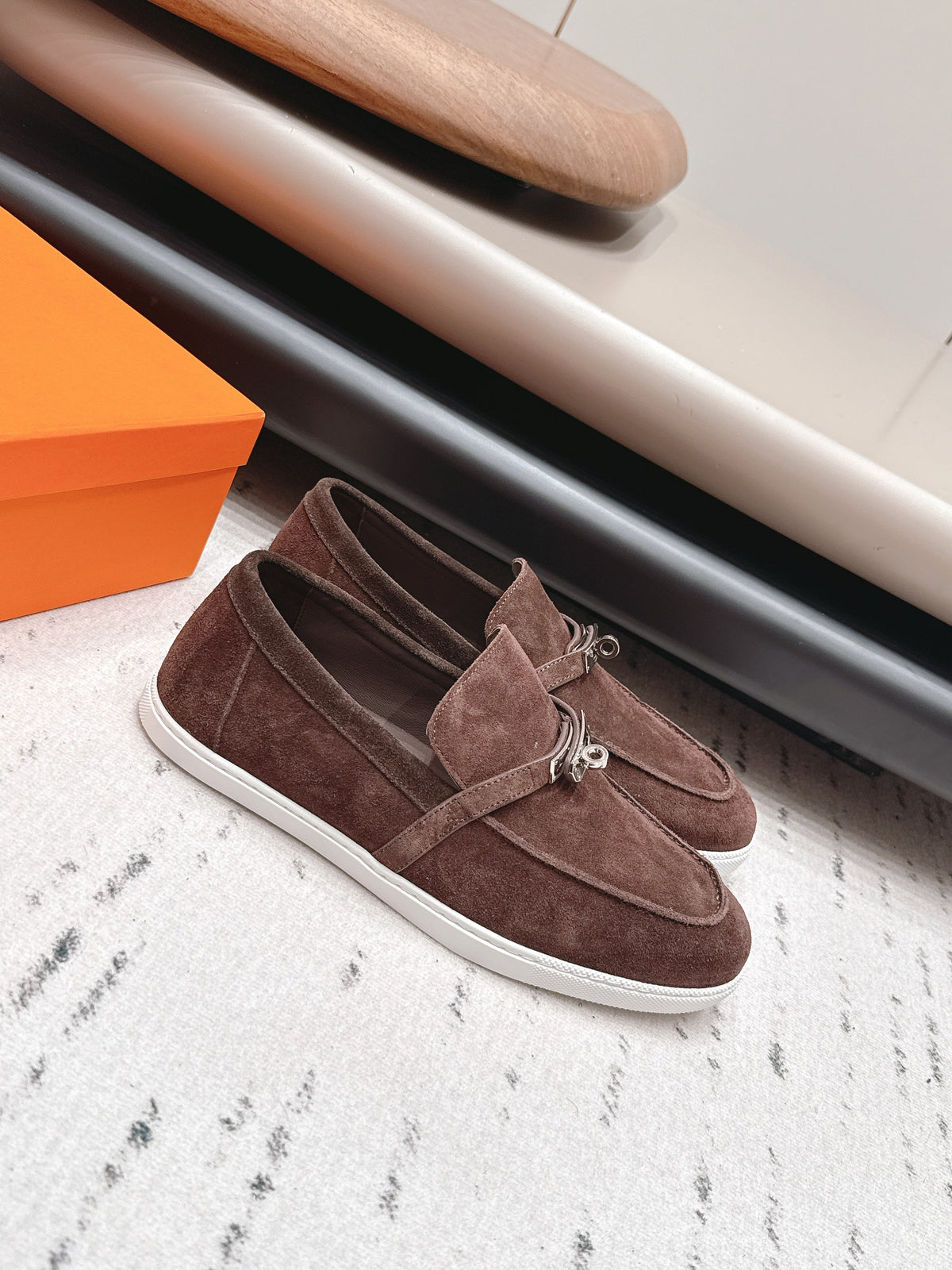 HM 26S Kelly Paris Loafers Dark Brown Suede Silver Hardware