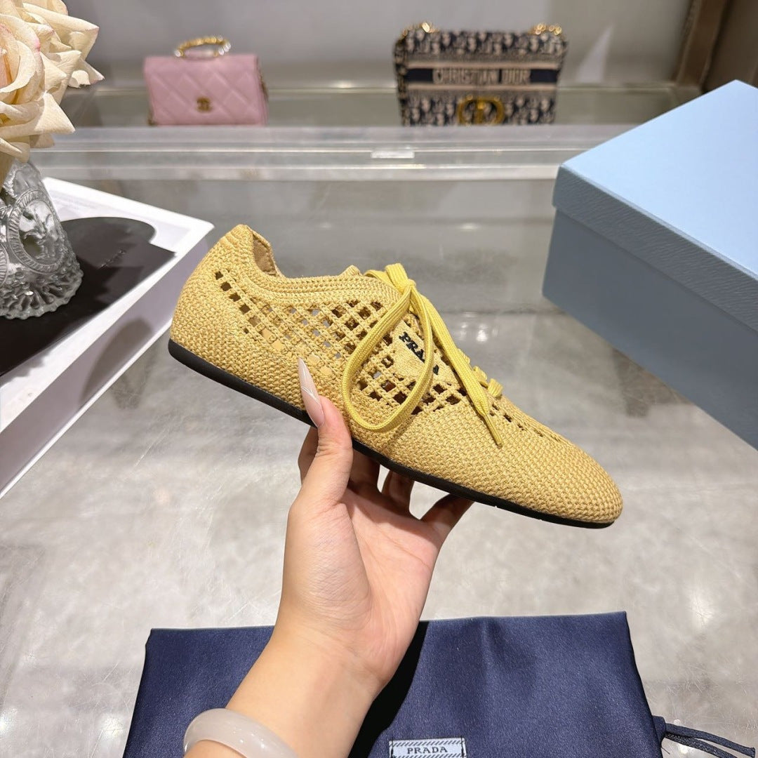 Prada 26s Lace Up Openwork Knit Sneakers Yellow Beige Knit Fabric