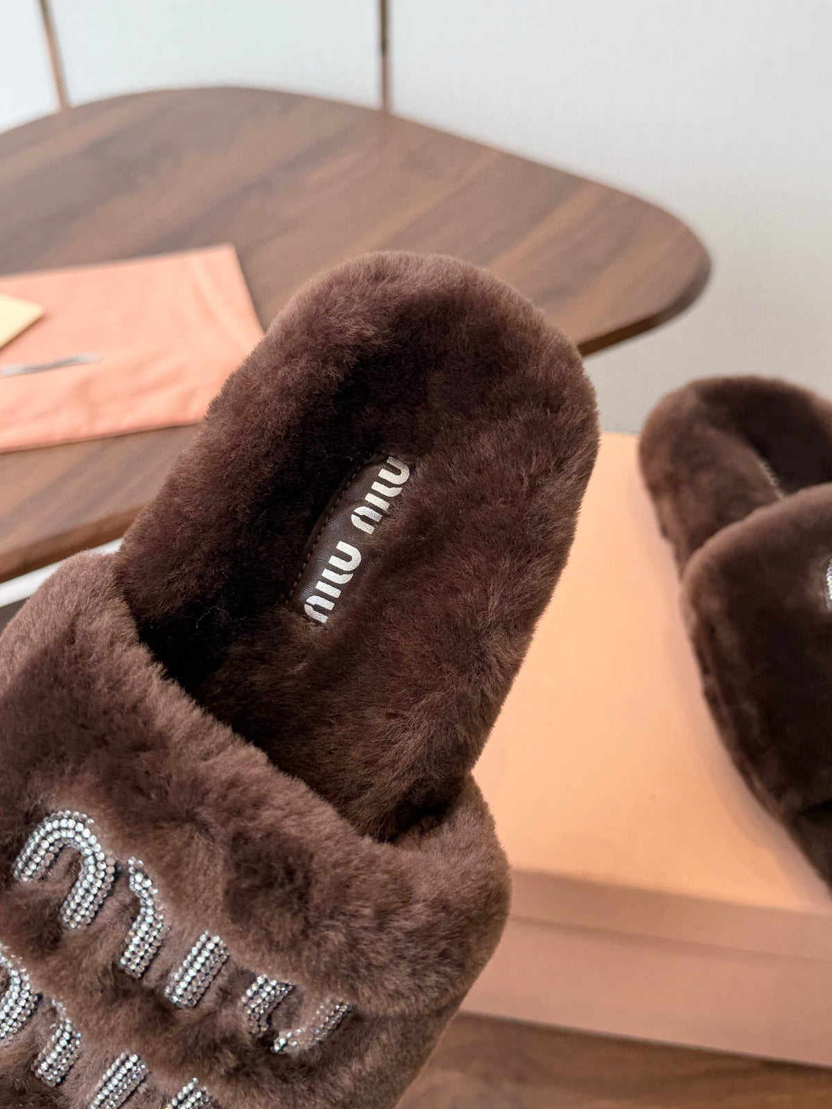 Miumiu 26s Crystal Logo Slides Dark Brown Shearling