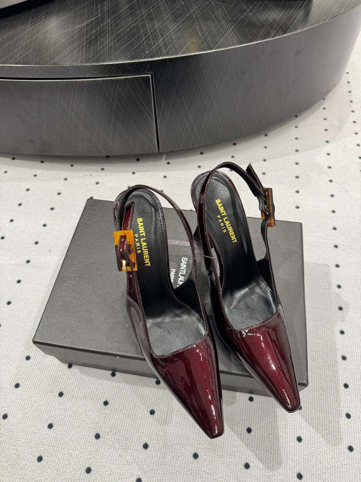YSL 26s Slingback Heels 10.5cm Dark Red Glossy Calfskin With Buckle Closure