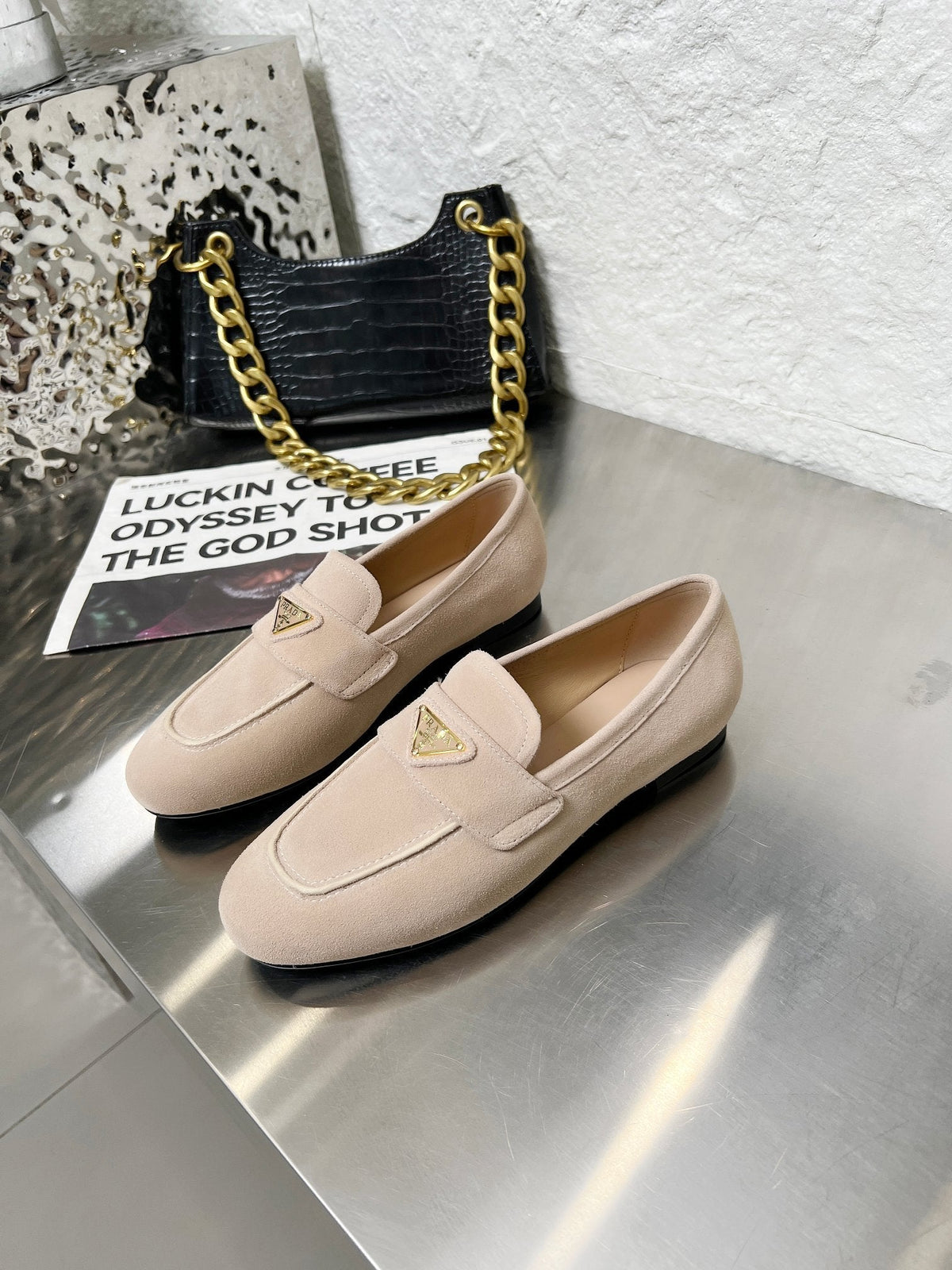 Prada 26S Classic Loafers Nude Beige Logo Suede
