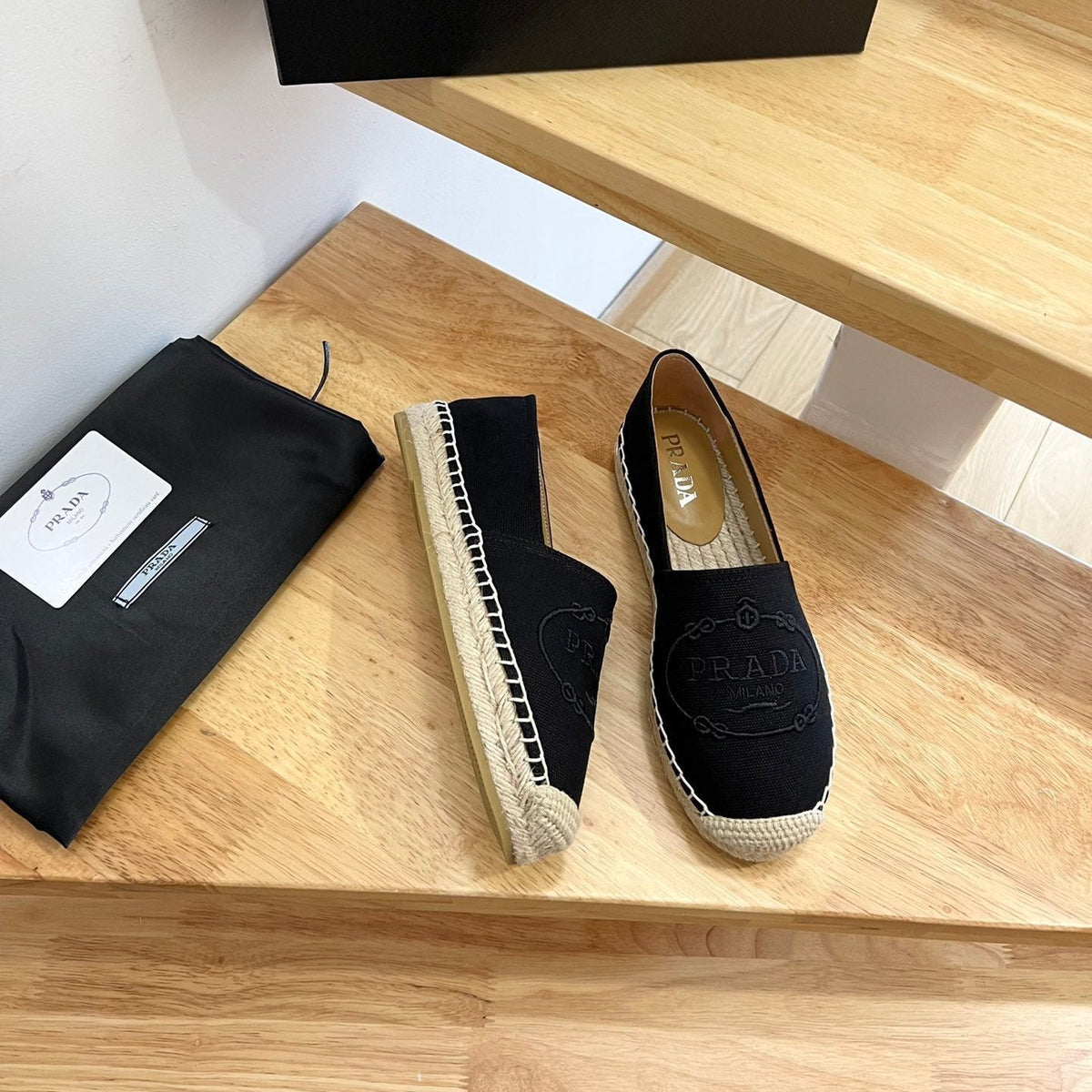 Prada 26s Embroidered Logo Espadrille Flats Black Canvas