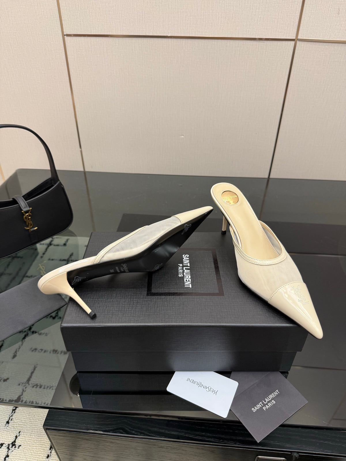YSL 26s High-Heel Mules Beige Calfskin Mesh Fabric