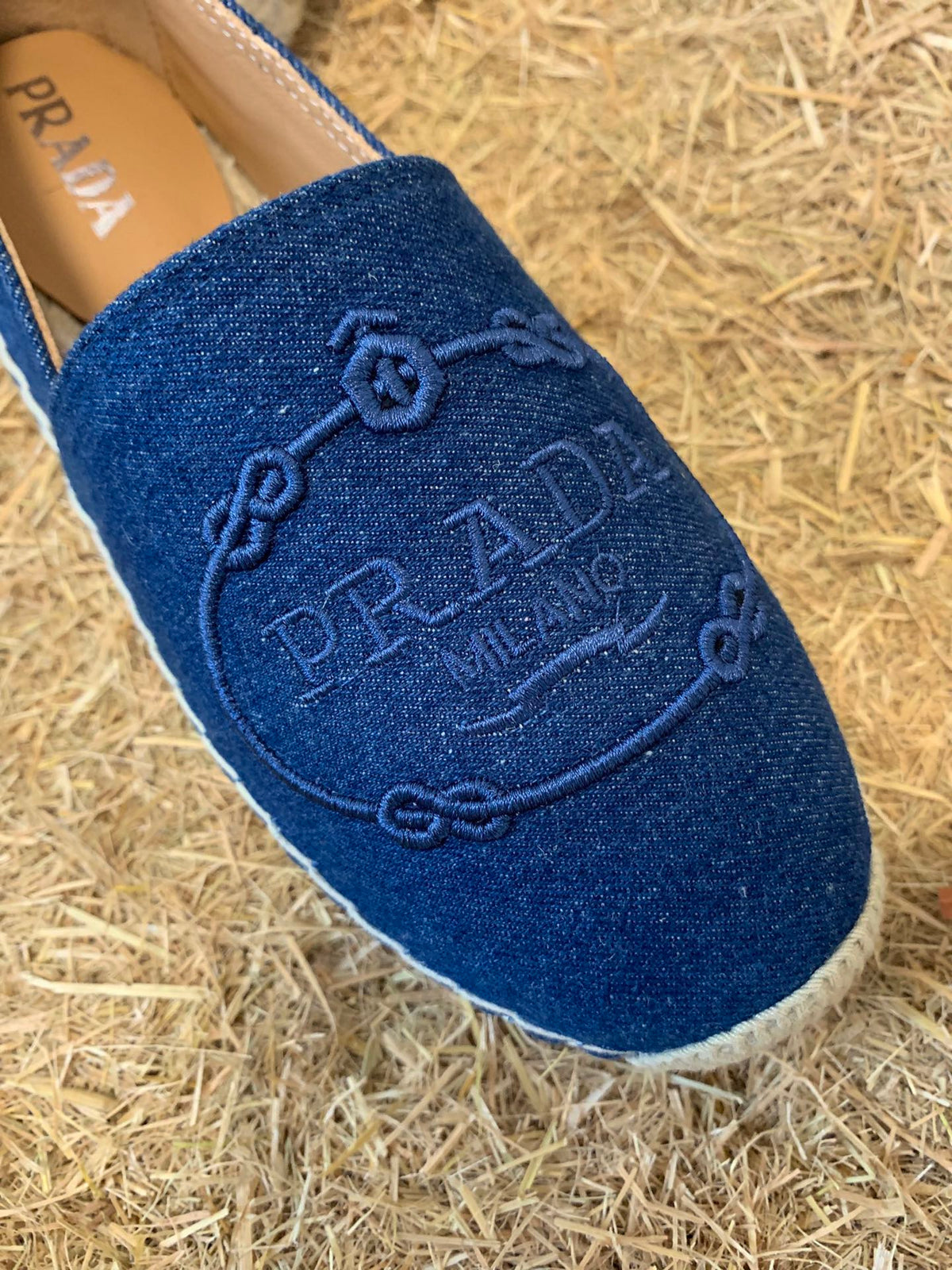 Prada 26s Espadrille Flats Blue Denim Embroidered Logo