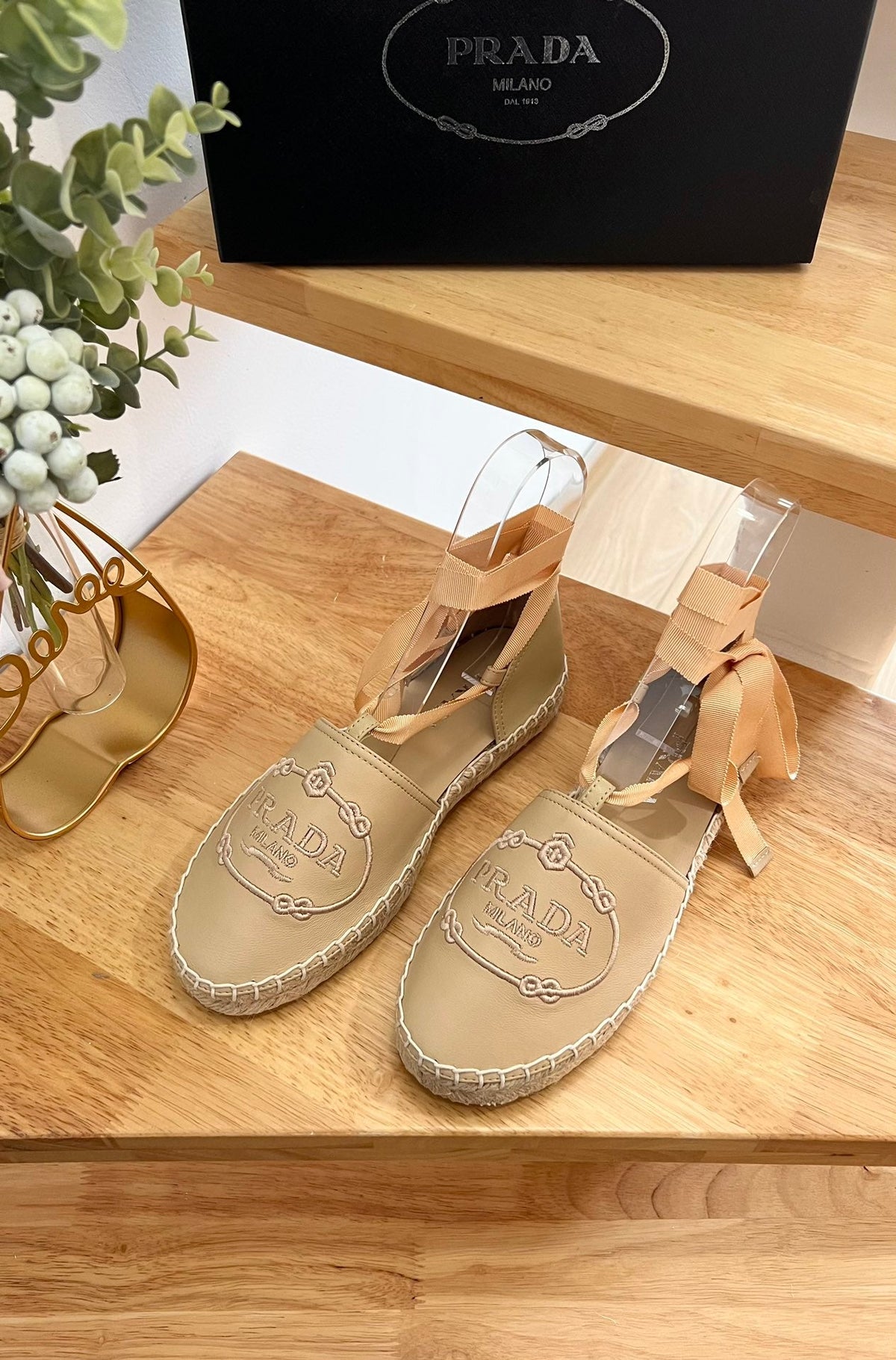 Prada 26s Lace Up Espadrille Flats Beige Calfskin