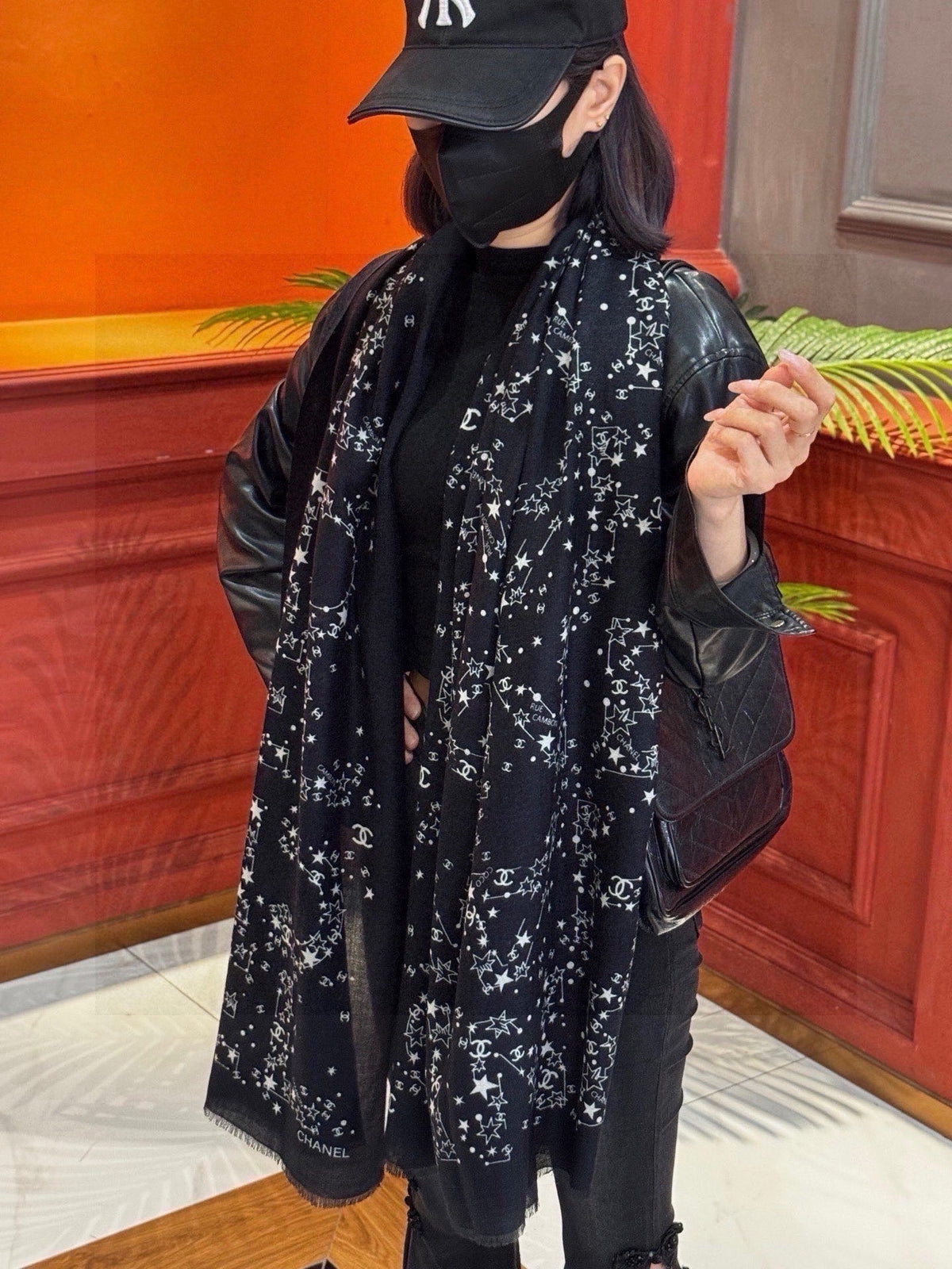 Chanel 2026 Logo Pattern Scarf 200cm Black Cashmere 211959