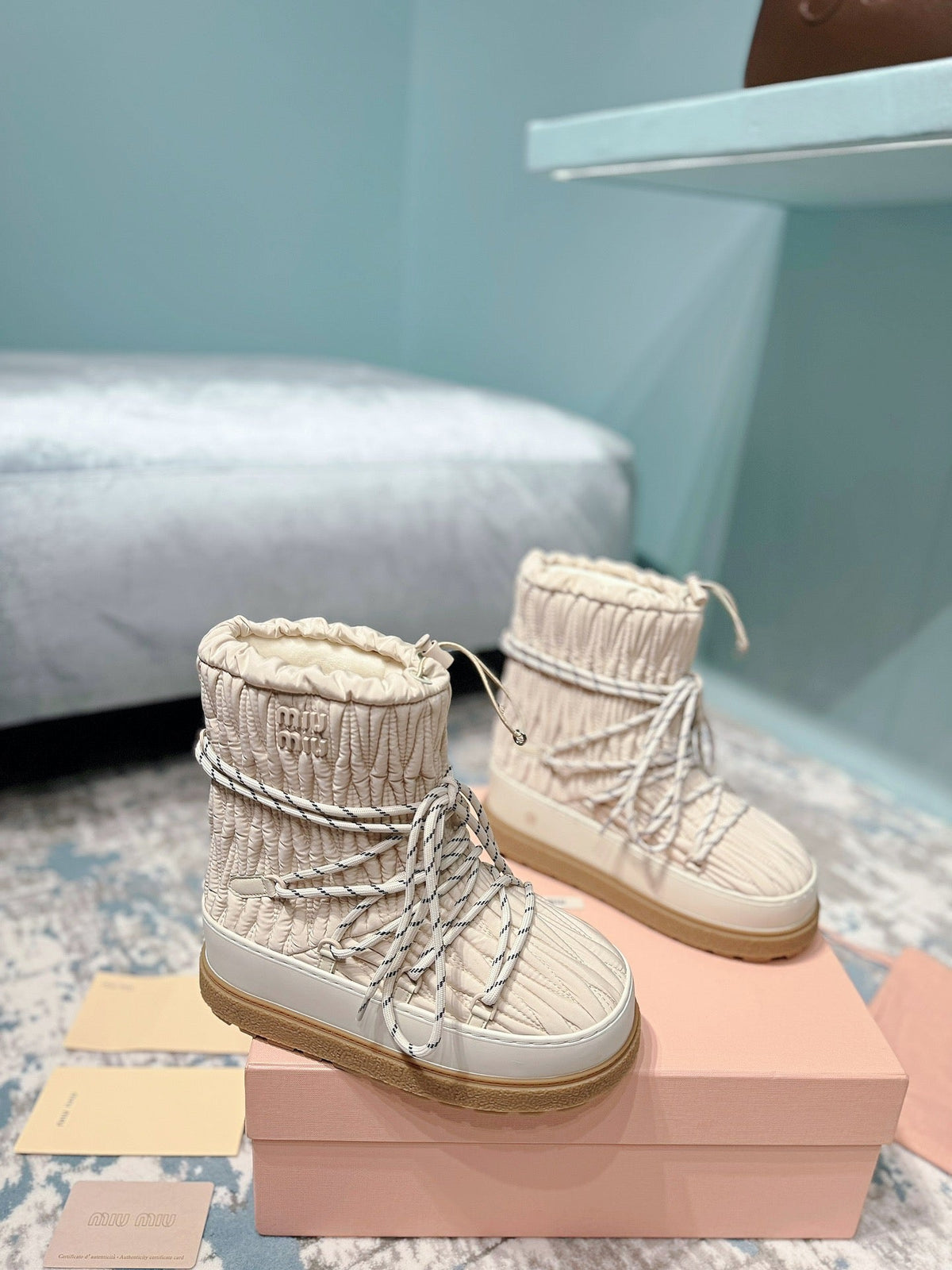 Miumiu 26s Ankle Snow Boots Beige Fabric