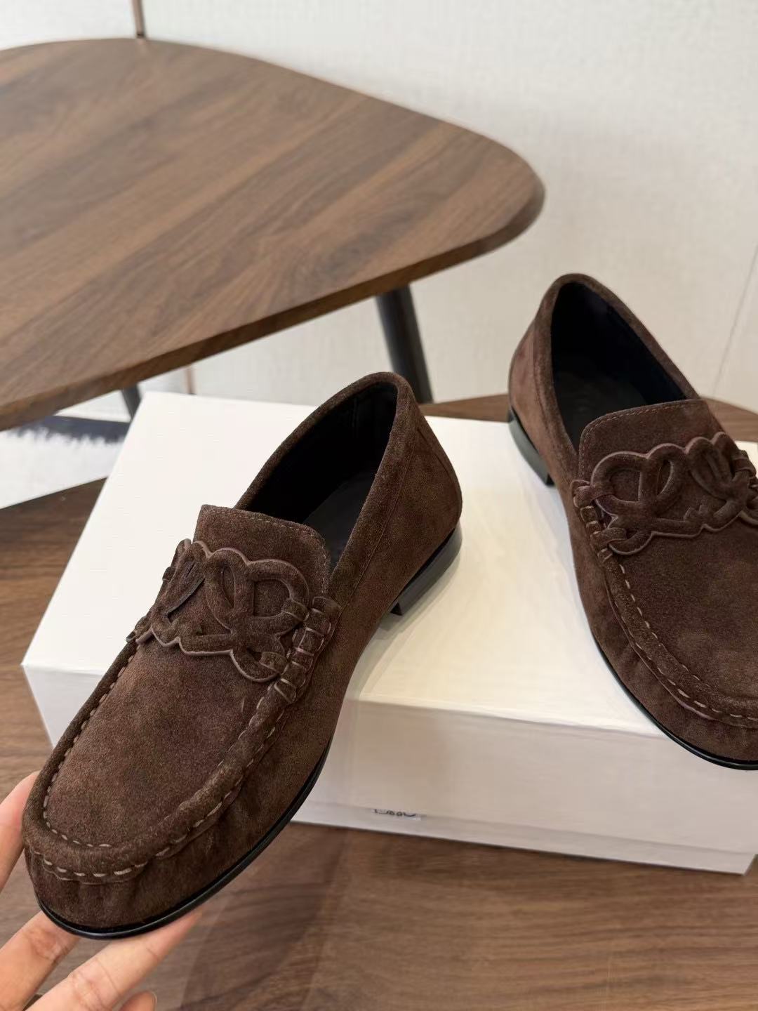 Loewe Double L Loafer in Dark Brown Suede Calfskin