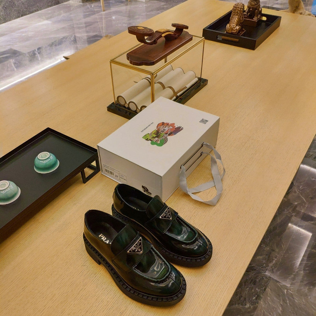 Prada 26S Penny Loafers 55mm Green Patent Calfskin