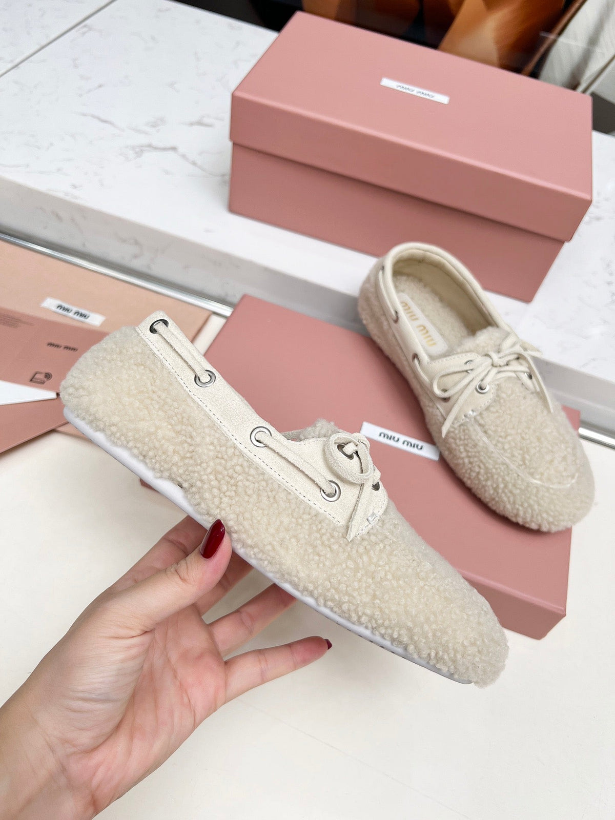 Miumiu 26s Boat Loafers Beige Shearling