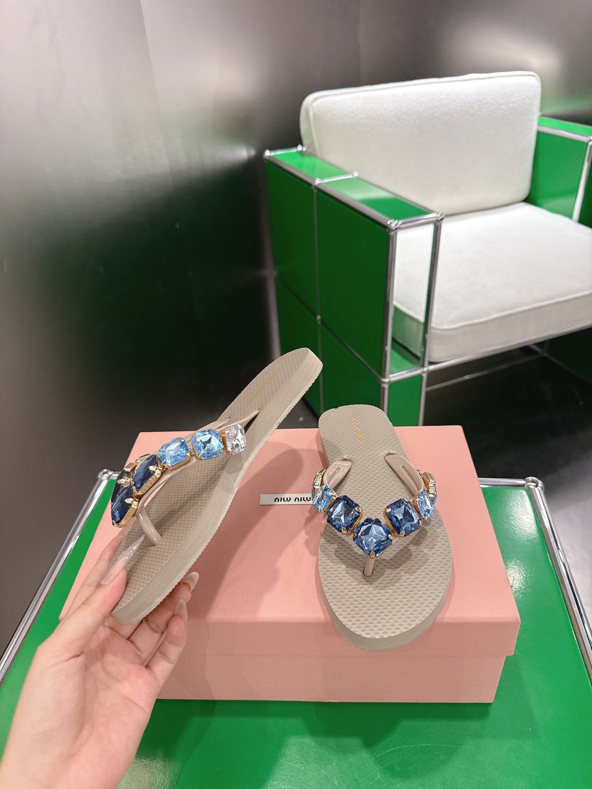 Miumiu 26s Thong Sandals Beige Eva Crystal-embellished