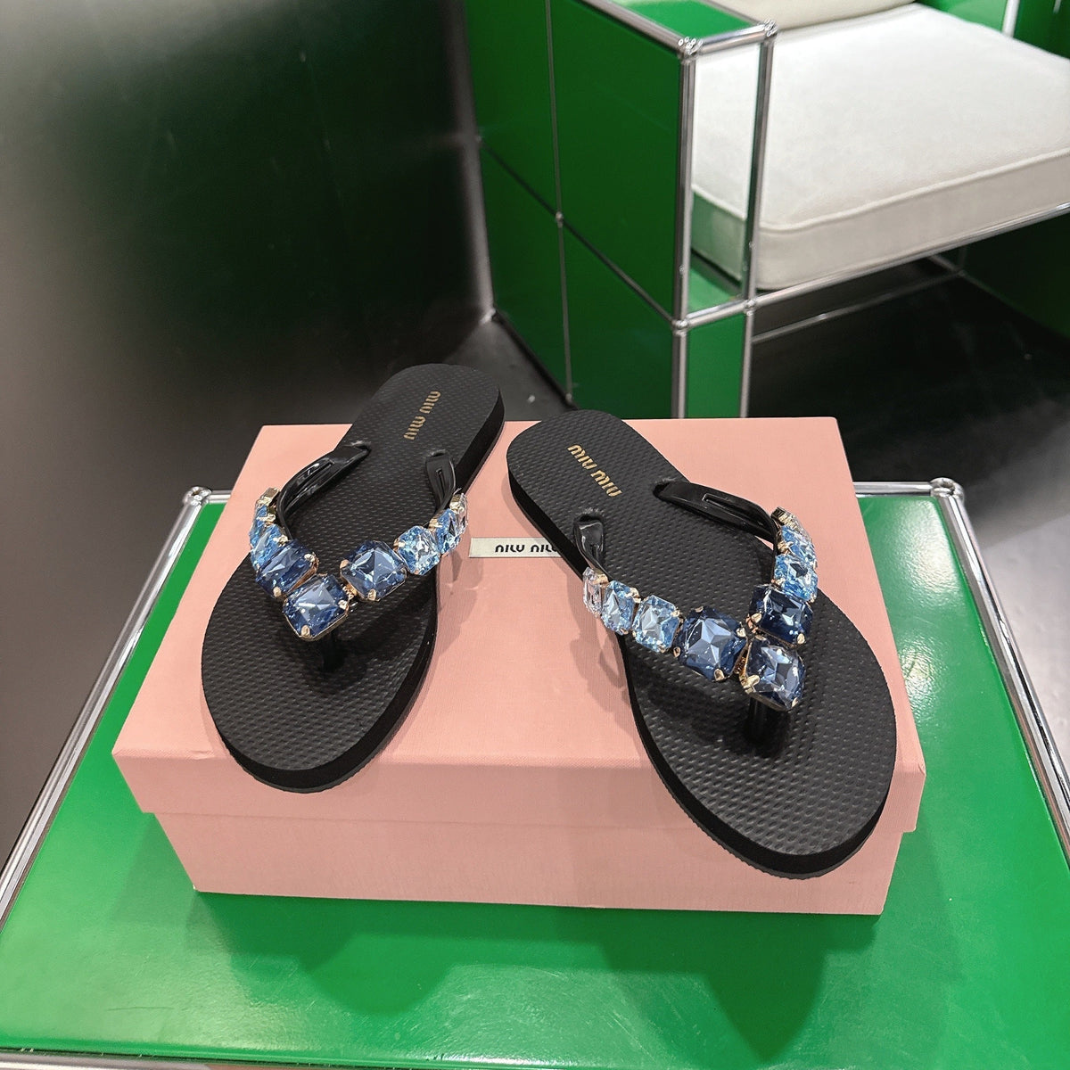 Miumiu 26s Thong Sandals Black Eva Blue Crystal-embellished