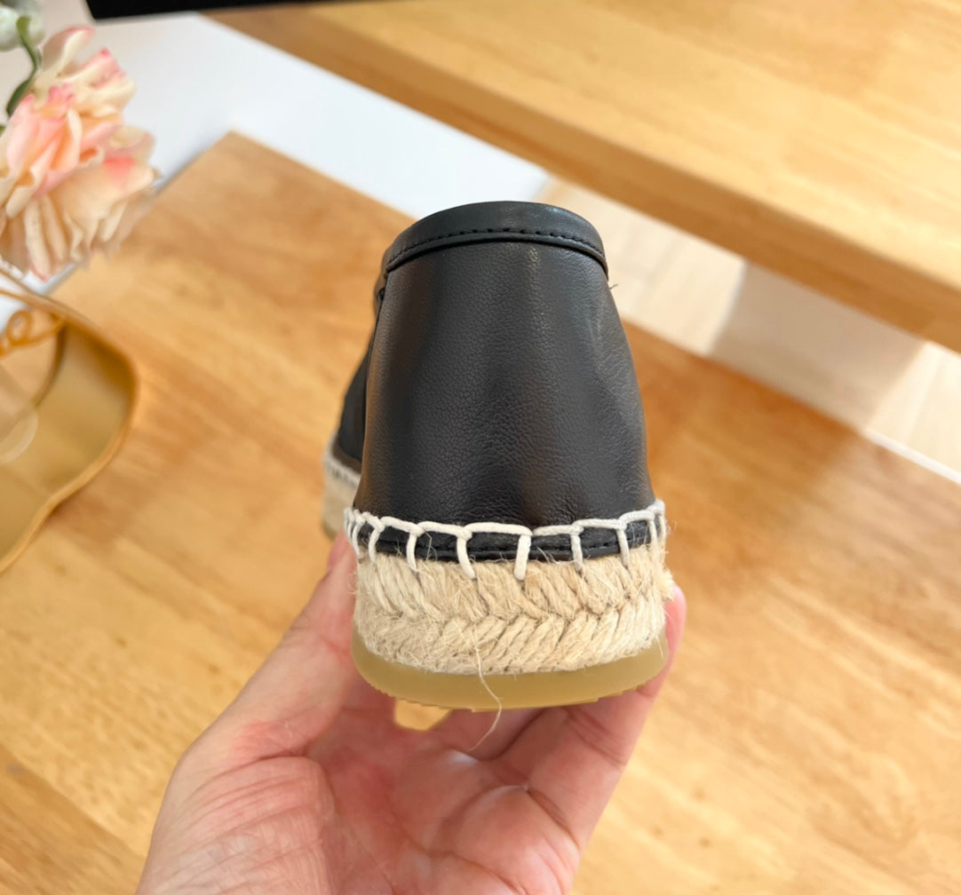 Prada 26s Embroidered Logo Espadrille Flats Black Mesh Calfskin