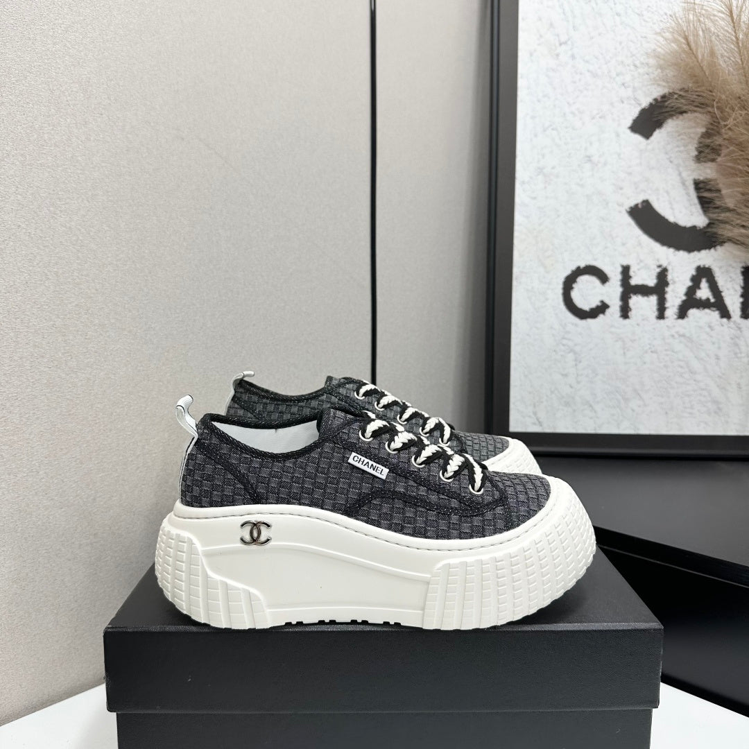 CC 26S Chunky Sneakers in Black Checkered Woven Fabric