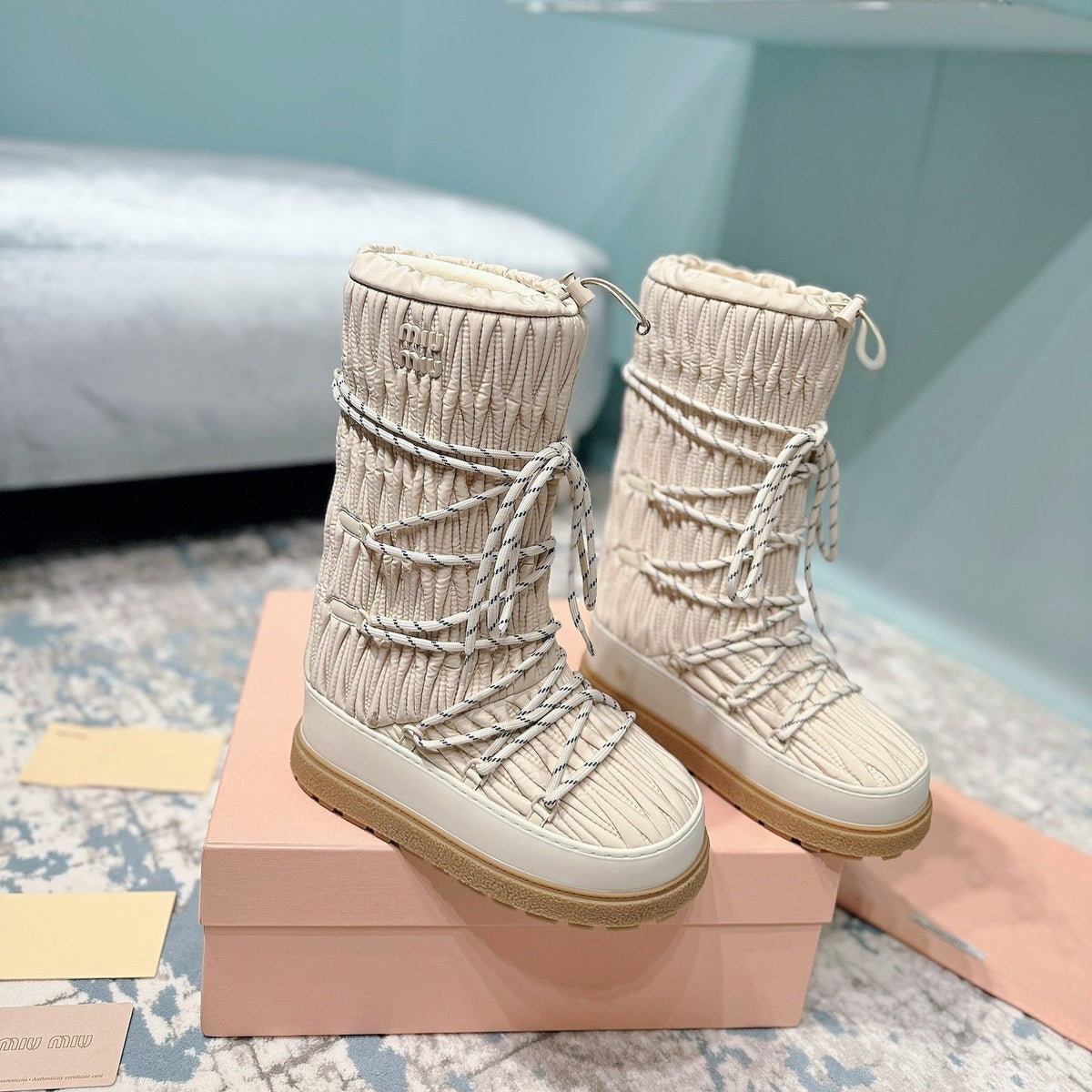 Miumiu 26s Ankle Snow Boots Beige Fabric Style 14