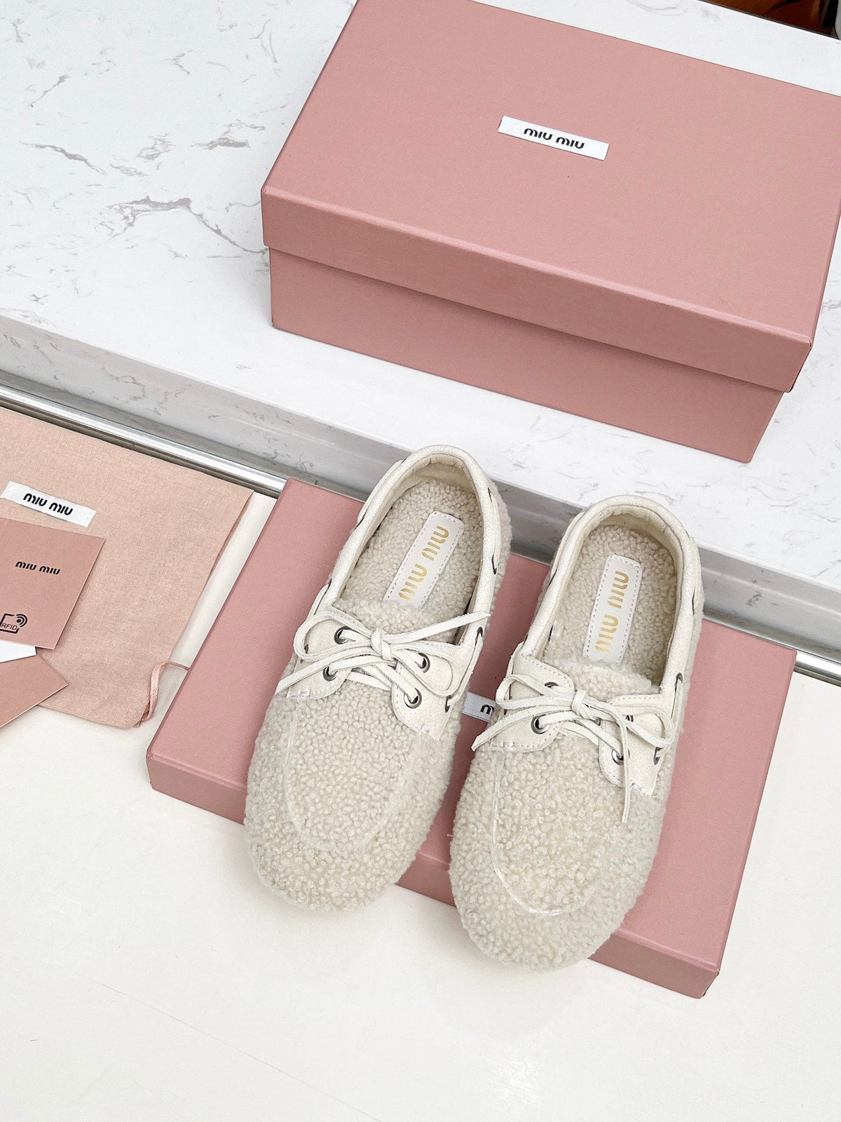 Miumiu 26s Boat Loafers Beige Shearling