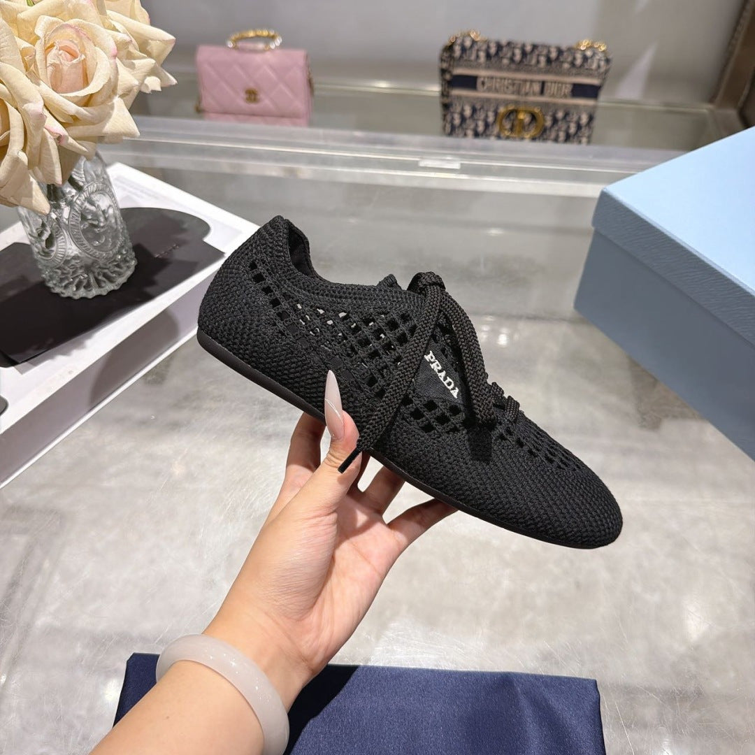 Prada 26s Lace Up Openwork Knit Sneakers Black Knit Fabric