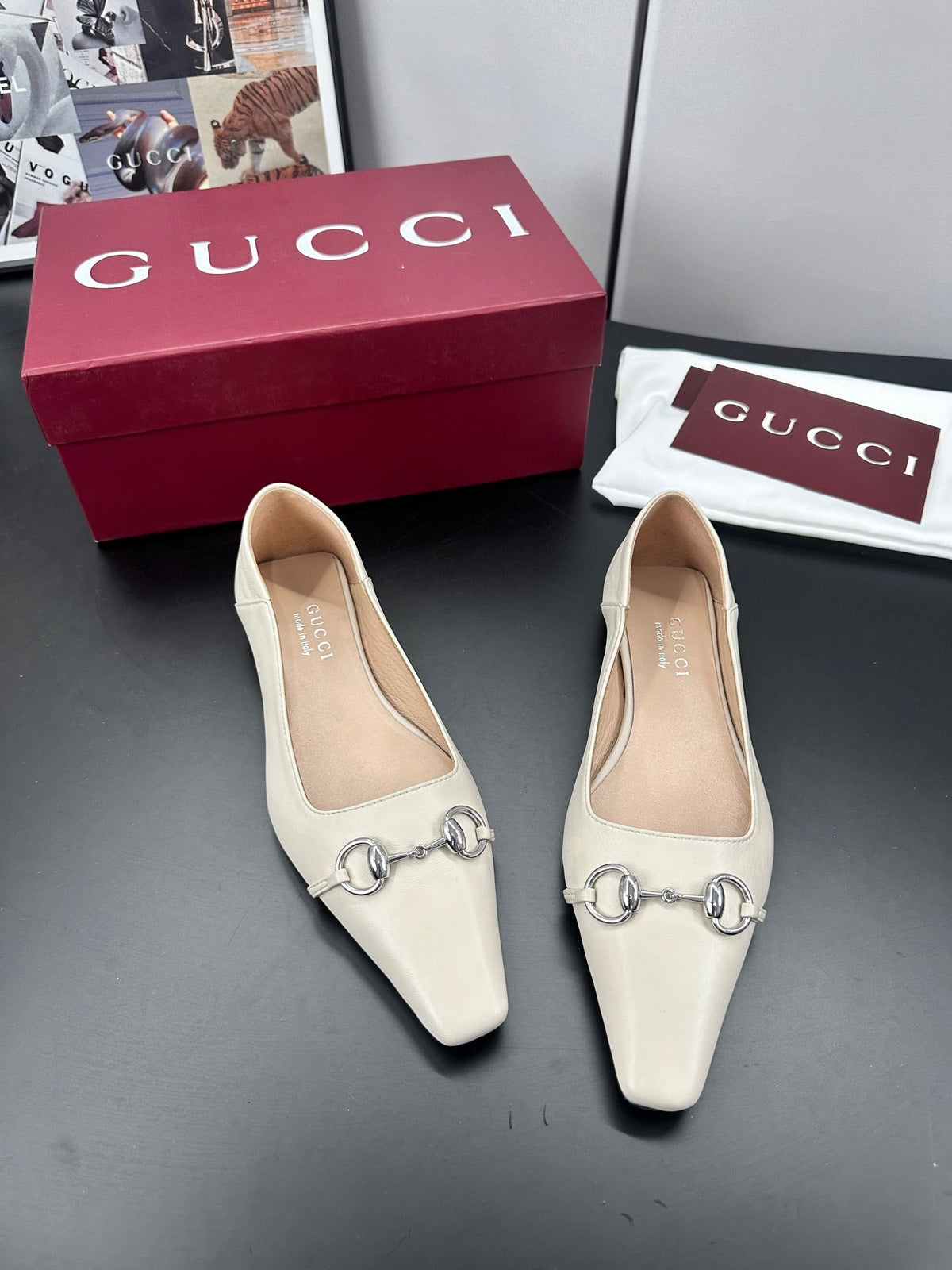 Gucci 26S Vittoria Ballerina Shoes In Cream White Calfskin