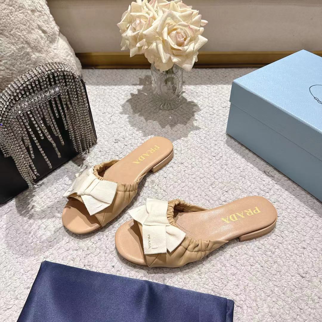 Prada 26s Ruched Bow Slide Sandals Beige Calfskin