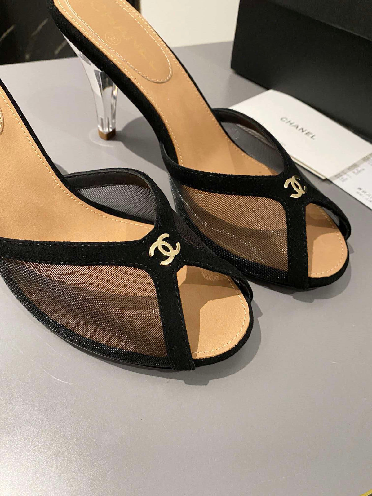 CC Peep-Toe Mules Logo Black Mesh Lambskin