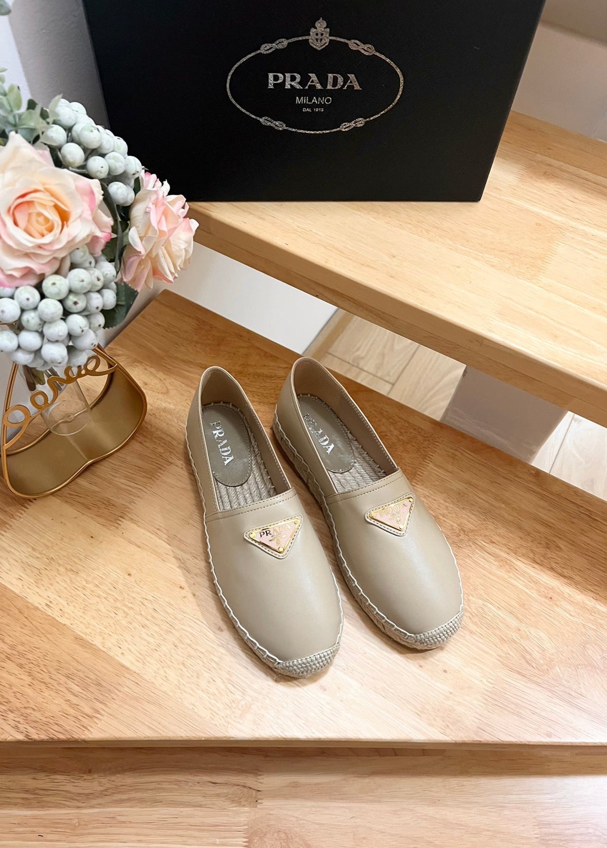 Prada 26s Logo Espadrille Slip On Flats Dark Beige Calfskin