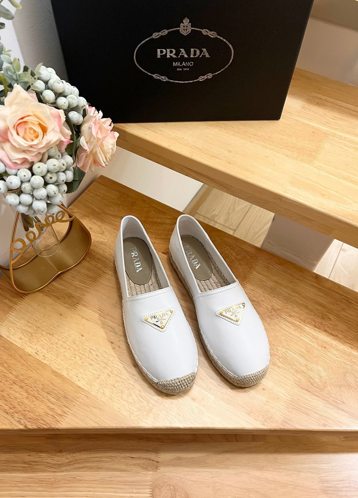 Prada 26s Logo Espadrille Slip On Flats White Calfskin