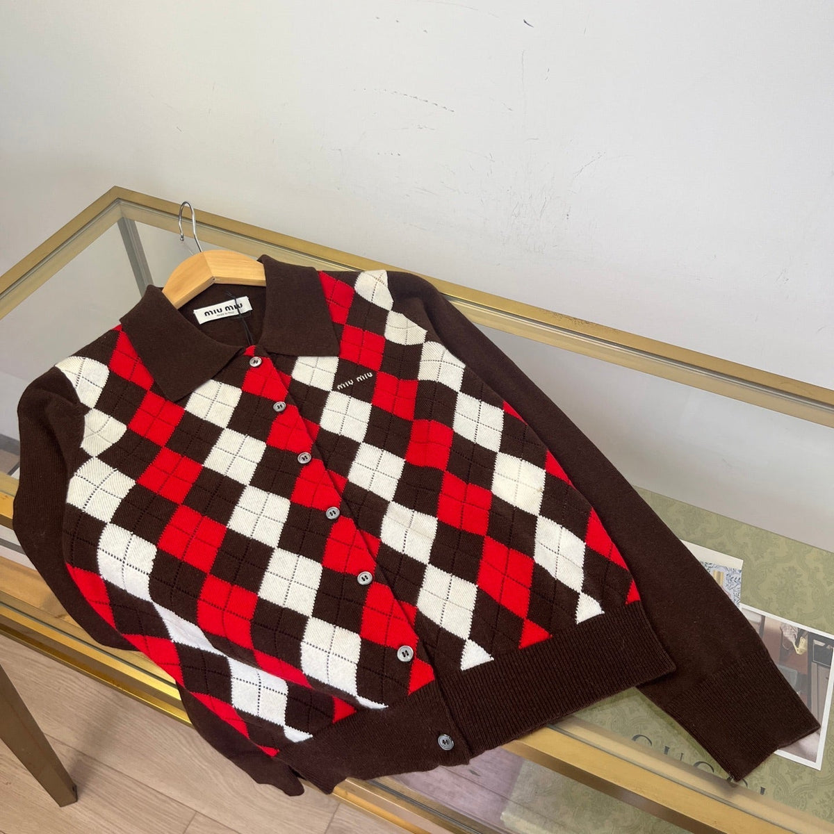 Miumiu 2026 Argyle Pattern Cardigan Dark Brown Cashmere 435392