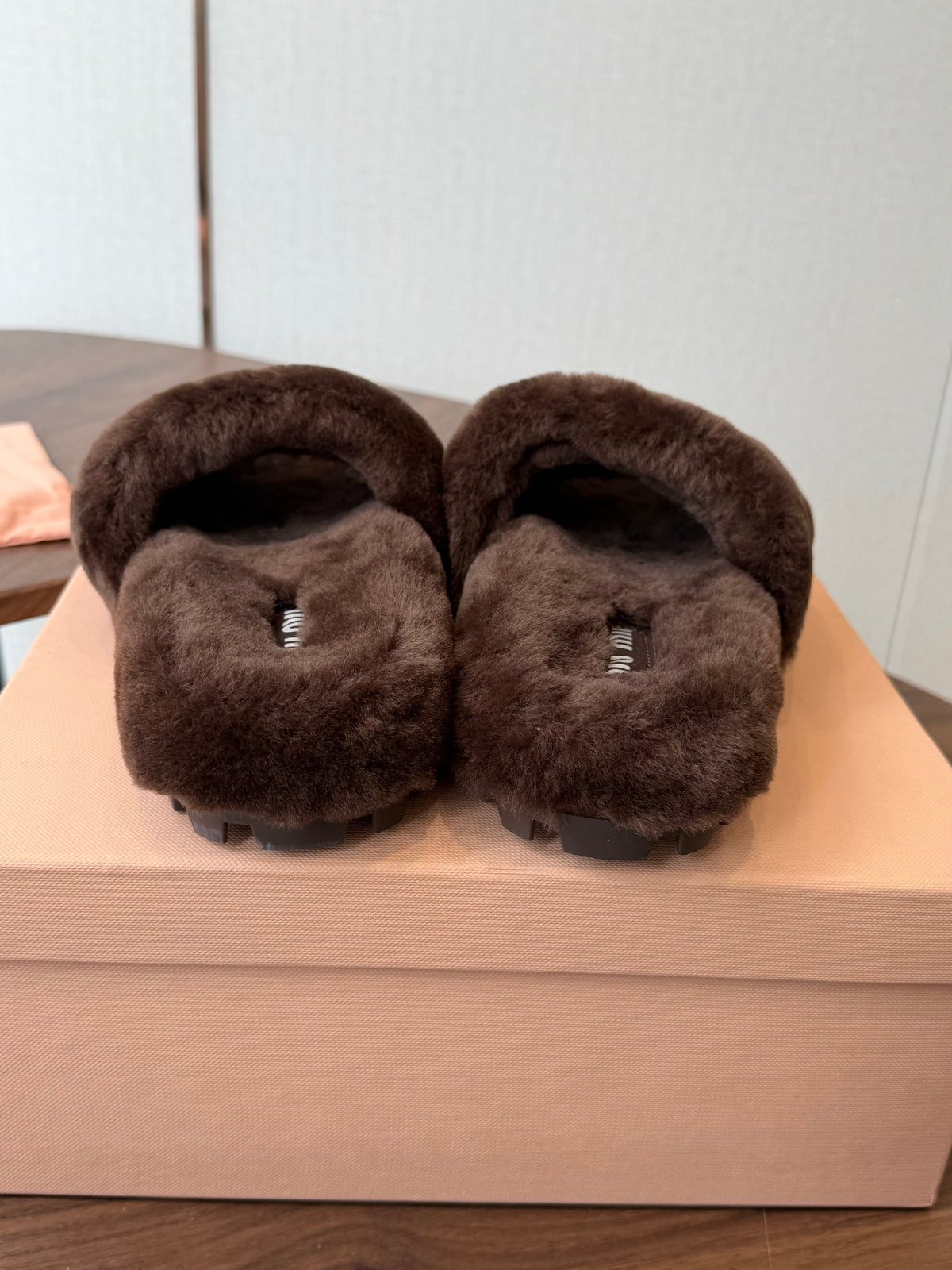 Miumiu 26s Crystal Logo Slides Dark Brown Shearling