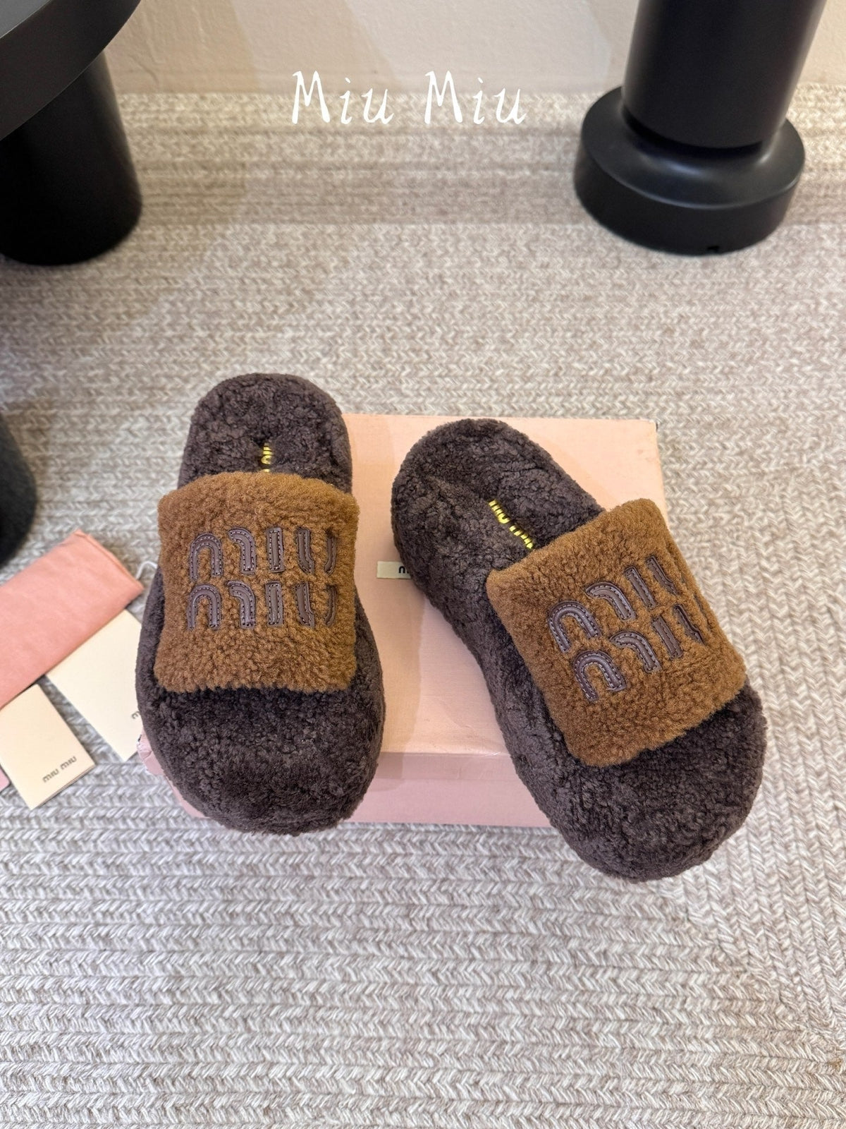 Miumiu 26s Platform Slides Dark Brown Shearling