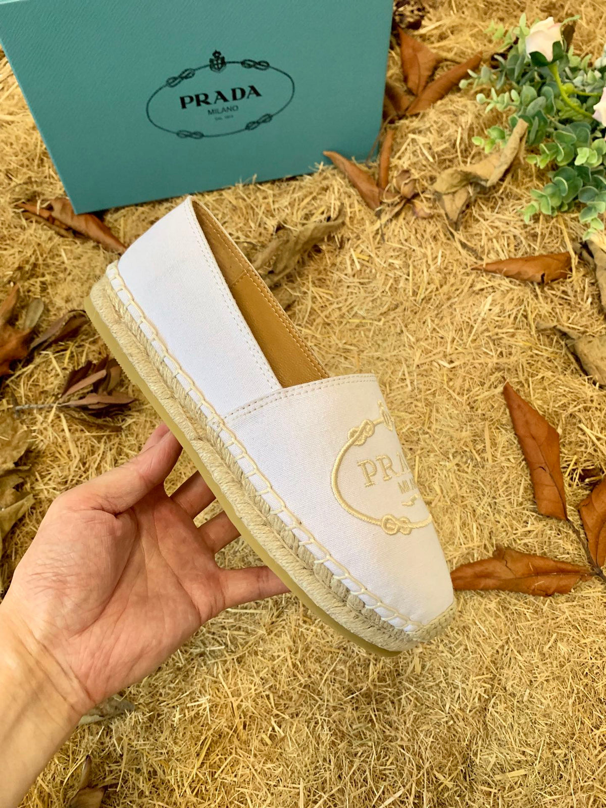 Prada 26s Espadrille Flats White Canvas Embroidered Logo