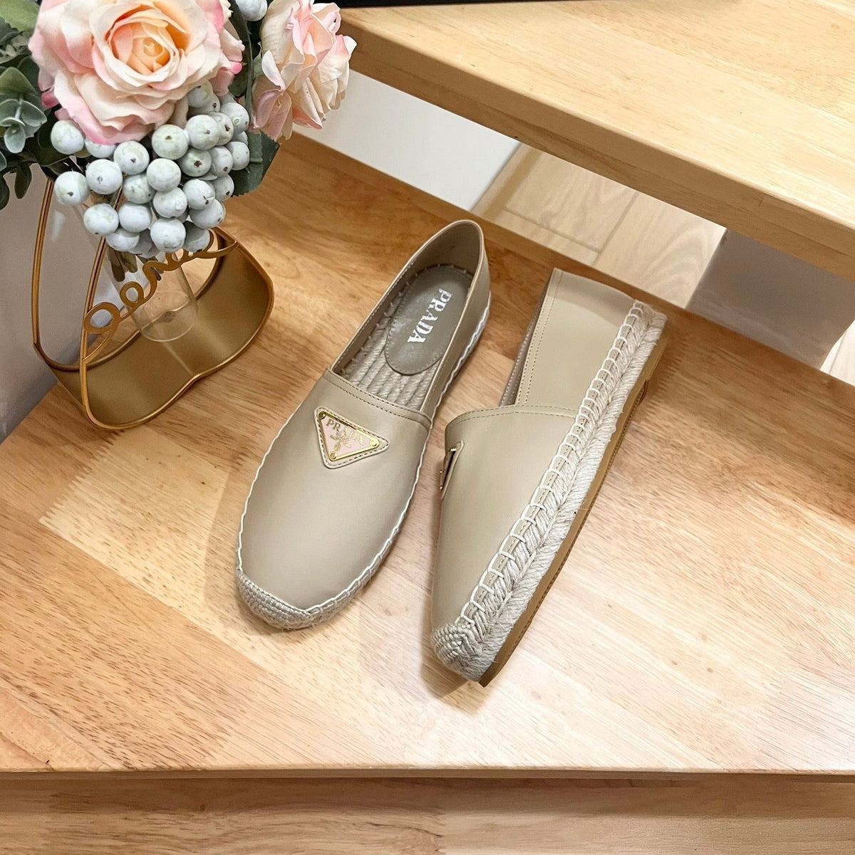 Prada 26s Logo Espadrille Slip On Flats Dark Beige Calfskin