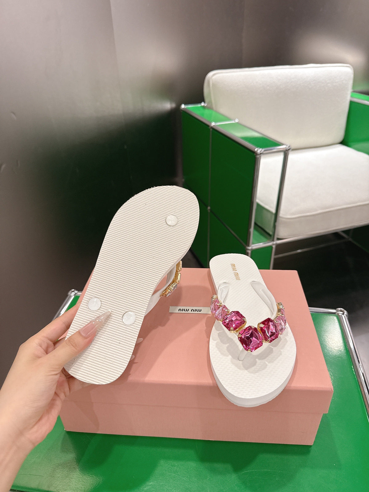 Miumiu 26s Thong Sandals White Eva Pink Crystal-embellished