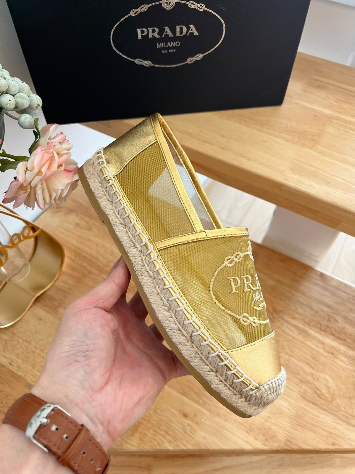 Prada 26s Embroidered Logo Espadrille Flats Gold Mesh Calfskin