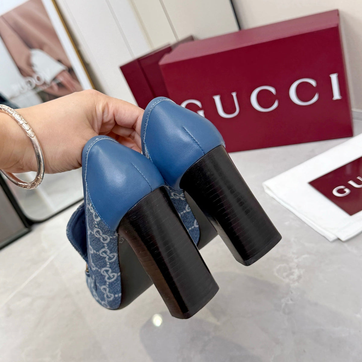 GG 26S Horsebit Loafers 10cm Block Heel Denim Fabric 157228