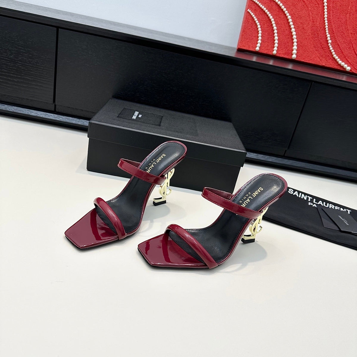 YSL 26S Double-Strap Heeled Sandals 100 Mm Dark Red Calfskin